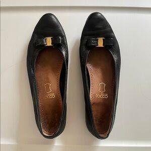 Salvatore Ferragamo Black Leather Flats with Gold Accent
